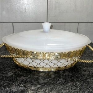 Vintage milk glass covered casserole dish by Glass Bake. Tag still inside